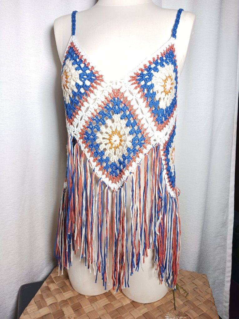 Rebellion Granny Square Crochet Fringe Festival Boho Tank Top Women’s Size L