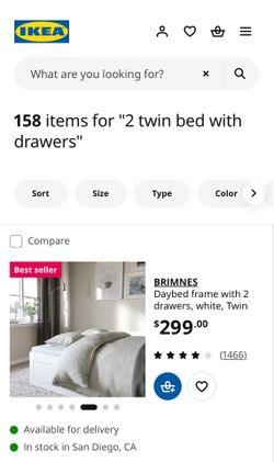 IKEA WHITE 2 twin bed into 1 with 2 drawers
