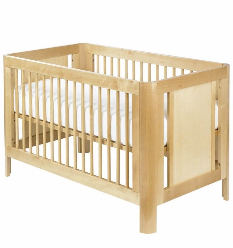 Troll brand birch crib with toddler conversion kit and organic mattress