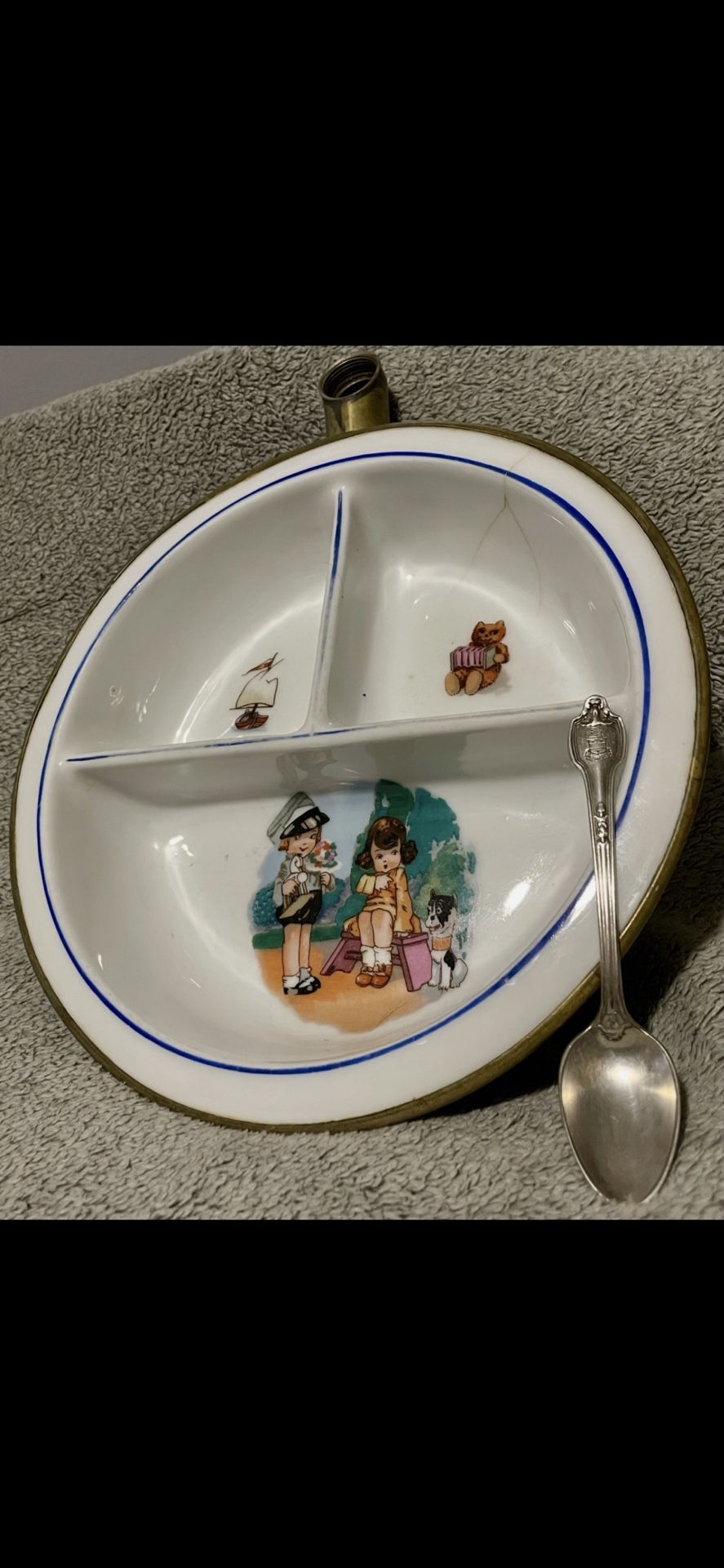 Antique Excello Porcelain Baby Bowl: Hot Water Food Warmer, 1930’s + VTG Collectible Spoon