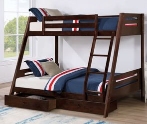 Brand New Espresso Twin over Full Bunk Bed w Trundle Drawers