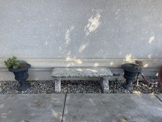 Outdoor Seating Bench & (2) Black Plant Pots 