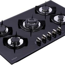 36 Inch Gas Cooktop, Tempered Glass 5 Burners Stovetop Built-in Dual Fuel Gas Stove Top NG/LPG Convertible Gas Cooktop