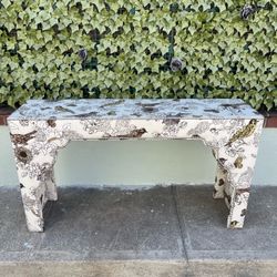 Drexel Heritage Upholstered Console Table – Bird & Floral Print Nailhead Trim
