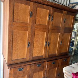 Tiger Oak computer desk with built in chair and speakers