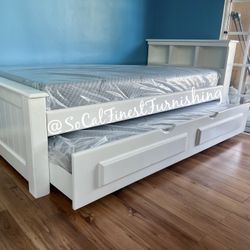 White Twin Bed With Trundle And Mattresses 