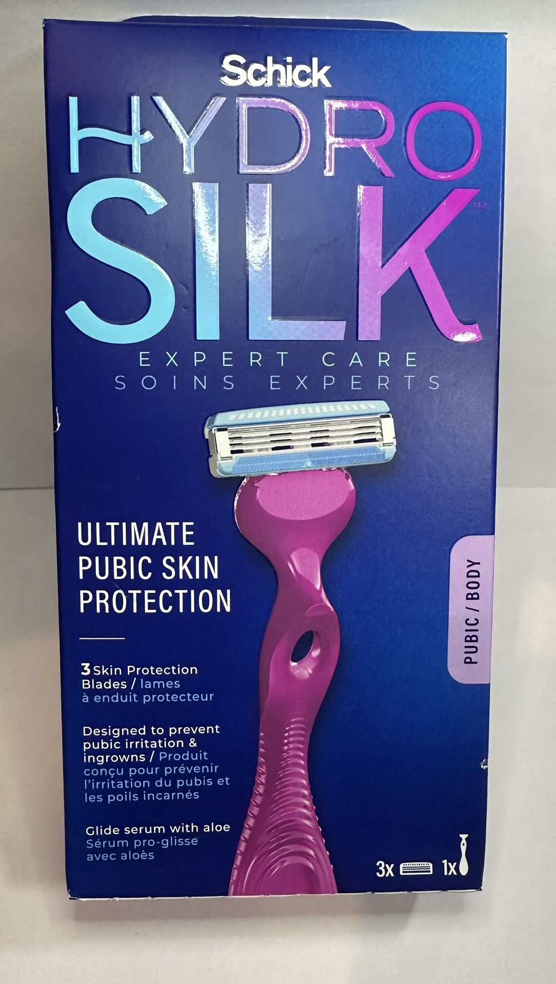 Schick Hydro SilkĀ® Ultimate Pubic Skin Protection Razor. 1 handle + 3 ct blade.