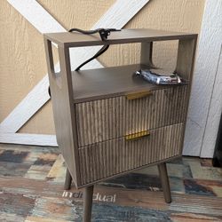 Nightstand with Charging Station and LED Lights,Modern Bedside Table with 2 Storage Drawer and Open Wood Shelf, for Bedroom and Small Spaces,Night Sta