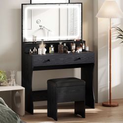Baelyn Makeup Vanity with LED Lighted Mirror, Modern 4 Drawers Vanities Desk with Stool