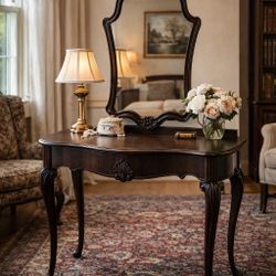 Vintage Vanity Table with Mirror – Curved Front & Cabriole Legs