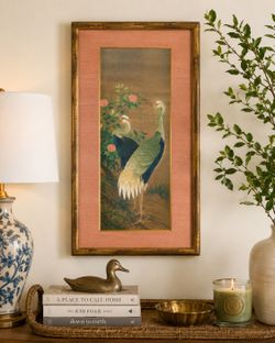 Vintage Chinoiserie Cranes Wood Ornate Framed Silk Print Textile Art Birds Fine 32” tall Retro Wall Decor Artwork Handcrafted Estate Find Landscape As
