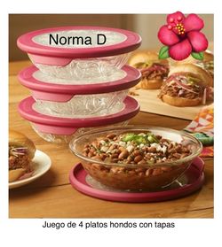 Juego de 4 platos hondos con tapas Rojas 🌺 princess house 🌺