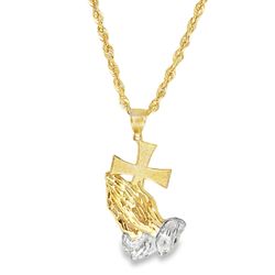 10k Yellow Gold Charm Necklace with Praying Hands and Cross Pendant