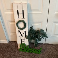 Home Wood Plaque   Vase W Marbles Wood Blessed Sign 