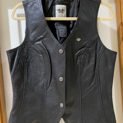 HARLEY-DAVIDSON Women Black Leather Snap Front Motorcycle Vest Size Medium