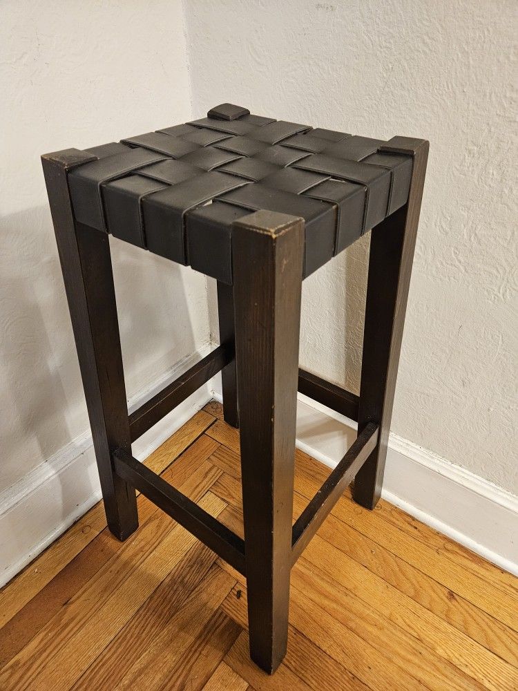 Vintage Real Black Leather Strap Weave Counter Height Bar Stool