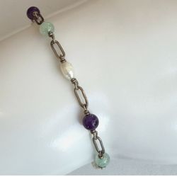 Sterling Silver Amethyst Aquamarine Freshwater Pearl Link Bracelet