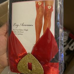 New, Leg Avenue Red Fishnet Thigh High’s with Heart Locket , Fits 90 – 160 Lbs