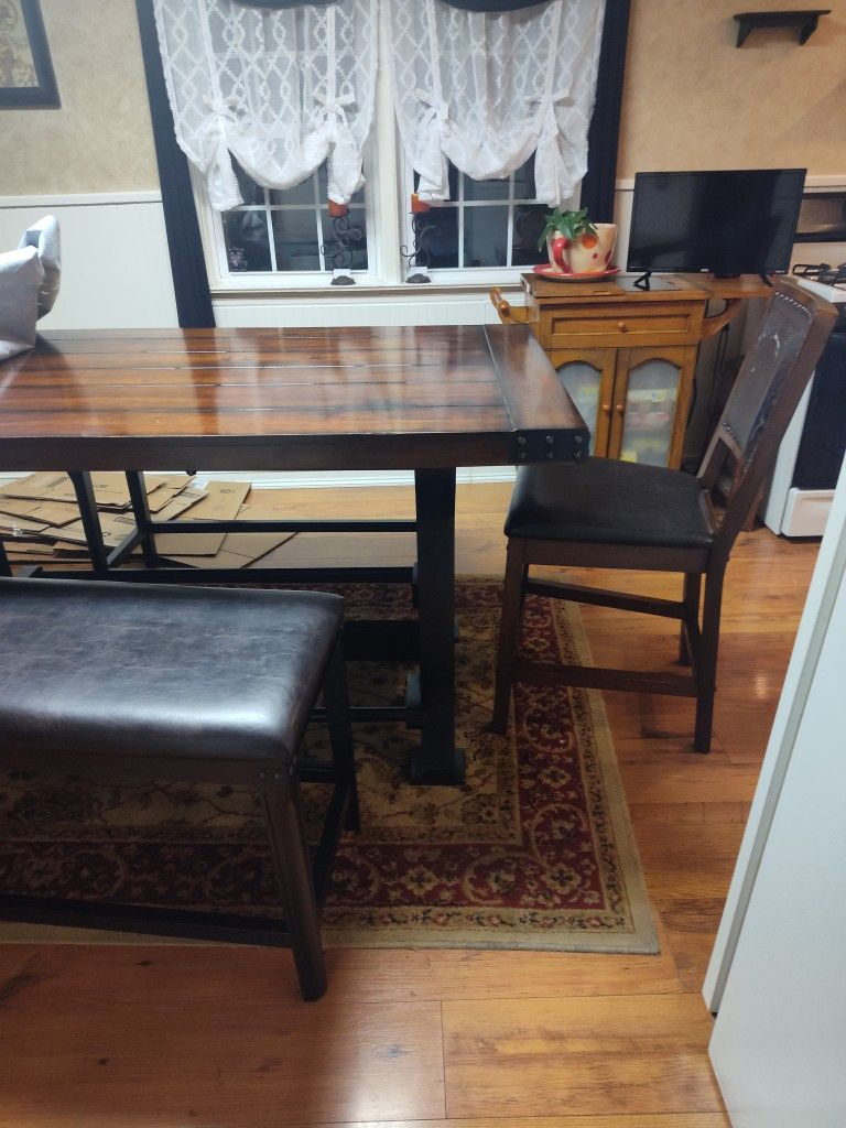 Long Kitchen Table Wood With 2 Chairs And Benches