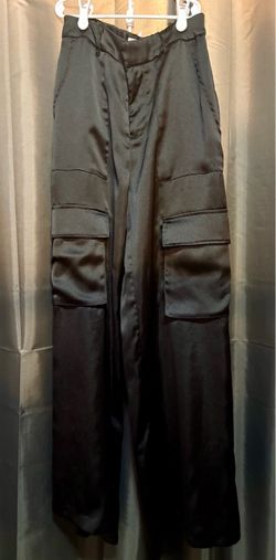 Black Satin Cargo Wide-Leg Pants
