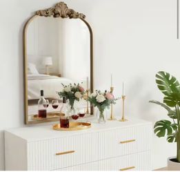 HAWOO 24” x 36” Brushed Brass Baroque Arch Decorative Wall Mirror