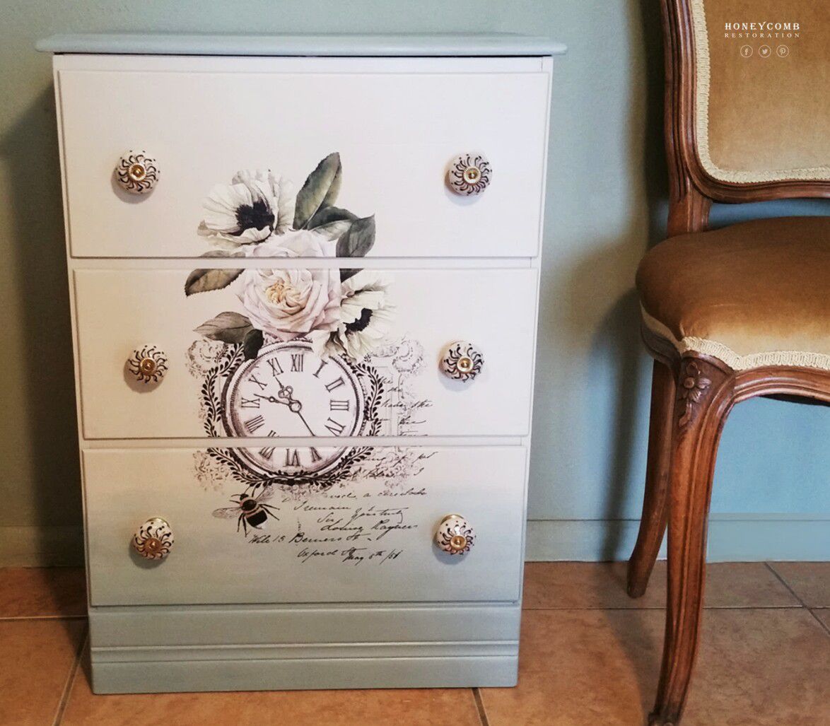 PENDING PICKUP 4/10 - White French Floral Motif Dresser, Nightstand, Side, End, Accent, Table, Farmhouse, Shabby Chic, Honeycomb Restoration