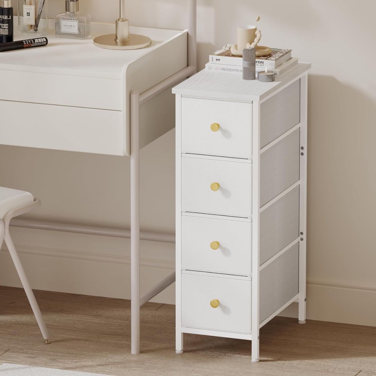 White Narrow Storage Cabinet, Narrow Nightstand Dresser with 4 Drawers, Slim Fabric Dresser Storage