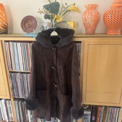 PRICE DROP: PASHA VENETO RICH BROWN LAMBSKIN SUEDE SHEARLING 3/4 COAT,HOOD, M