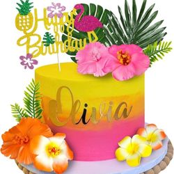 13 PCS Hawaiian Flower Cake Toppers Summer Cake Decoration with Palm Leaves and Hibiscus Flower for Hawaiian Aloha Flamingo Themed Birthday Supplies (