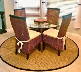 Round Glass Top Dining Table with 4 Wicker Chairs