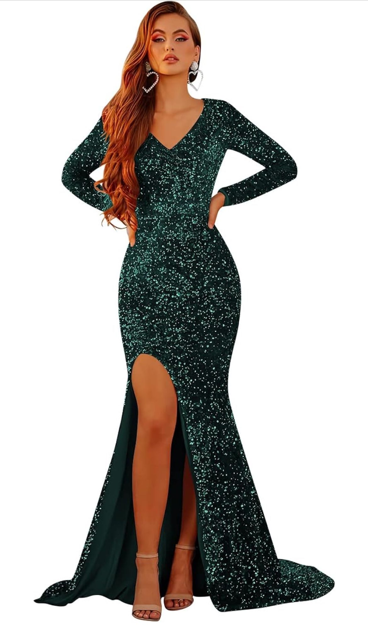 Sparkly Sequin Mermaid Prom Dresses for Women with Slit Long Sleeve Evening Party Gowns 2024