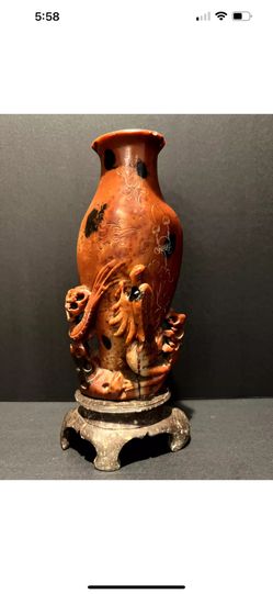 Chinese Soapstone Hand Carved Vase - Floral and Bird Motif - 8" Height