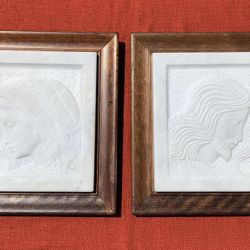 Jesus & Mary Faces Handcarved Italian White Marble Plaque Artwork Wall Decor (15”x13”)