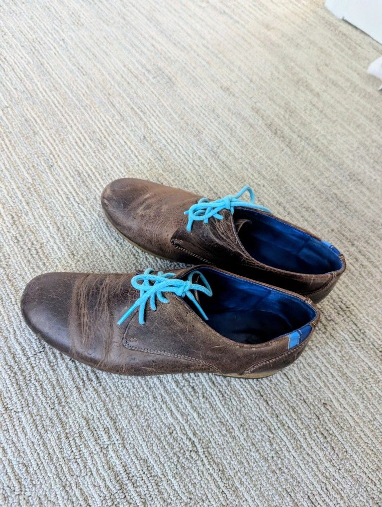 John Fluevog Mens CBC Radio Oxfords Size 8 M Brown Leather Turquoise Dress Shoe