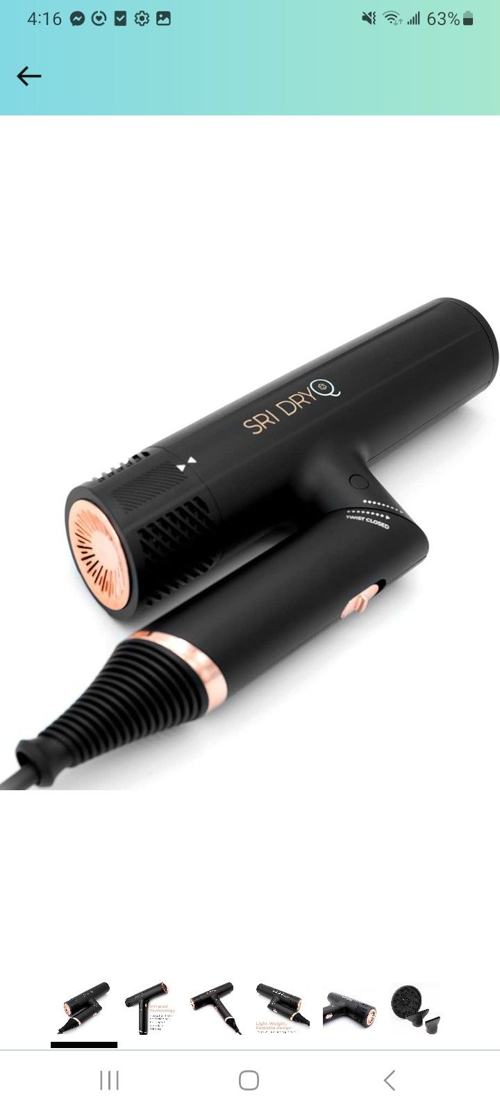 Skin Research Institute (SRI) DryQ “Smart” Hair Dryer - Super Lightweight - Foldable - Powerful, Quiet Motor - Infrared and Ionic Technology 