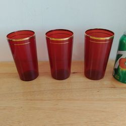 3 Retro Glasses Cranberry Red Ruby Gold trim Cocktail Barware Tumbler Drinkware