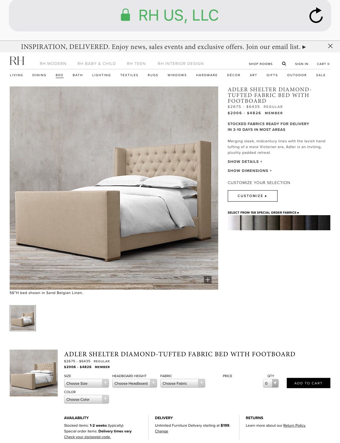 Restoration Hardware Adler Diamond Tufted King Size Bed Frame