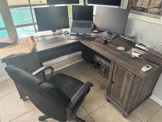 L-Shaped Executive Desk with Storage Cabinet & Drawers - Gray Wood Finish