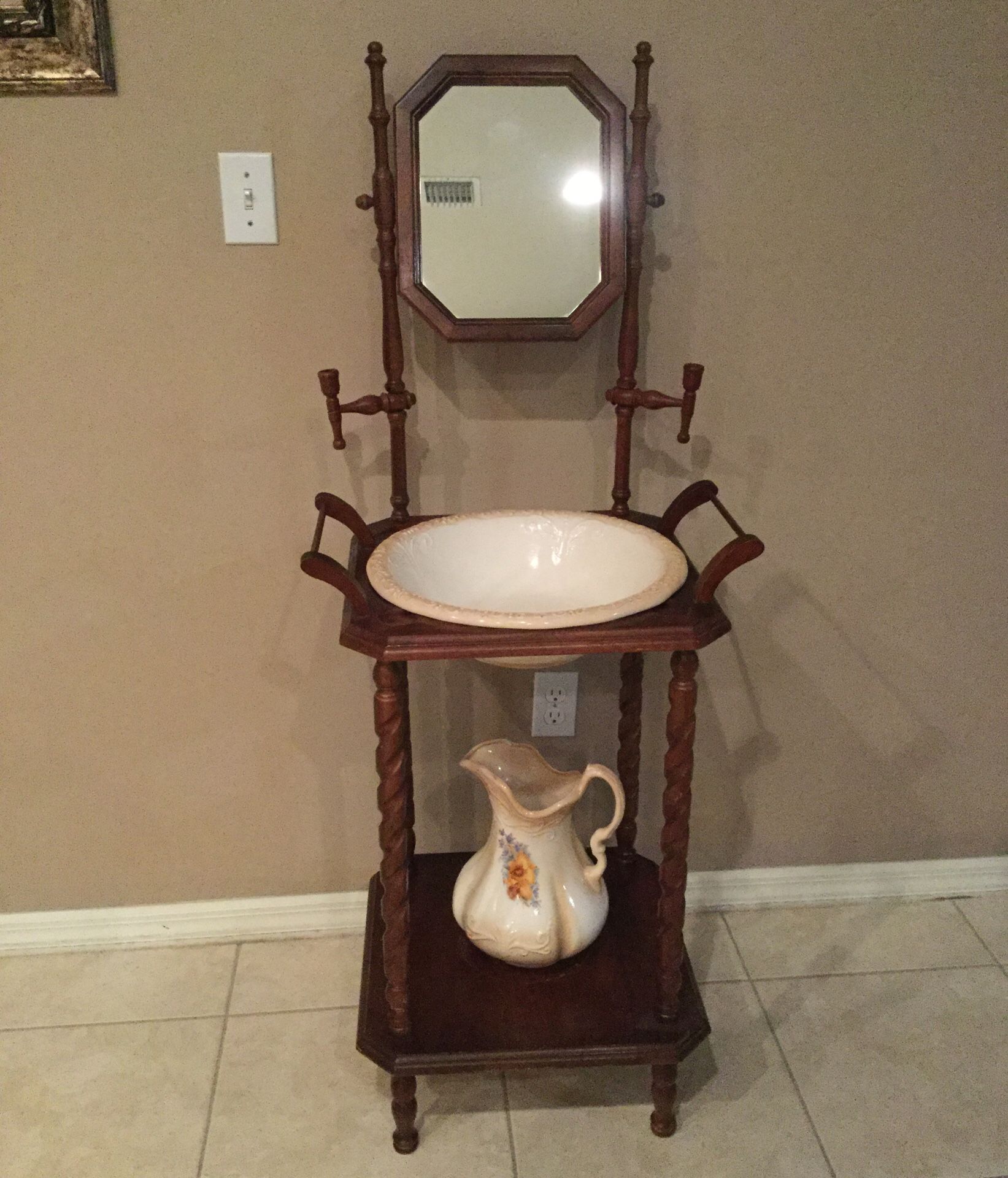 Vintage Wood Wash Basin Stand with Mirror and Candleholders
