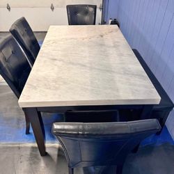 Modern Marble-Look Dining Table Set with 4 Chairs + Storage Bench