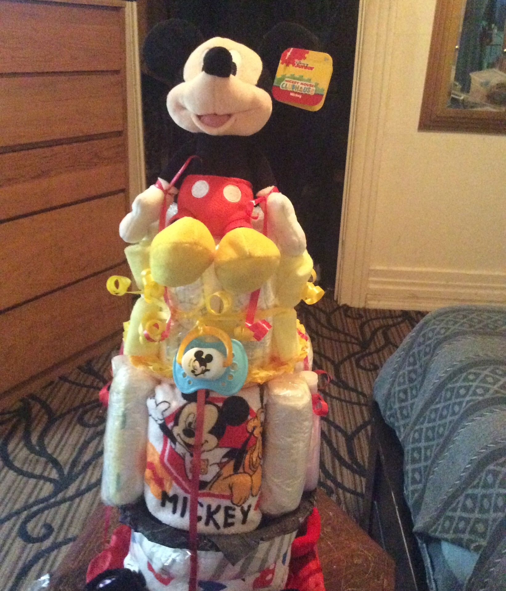 Three tier Mickey Mouse diaper cake for a boy