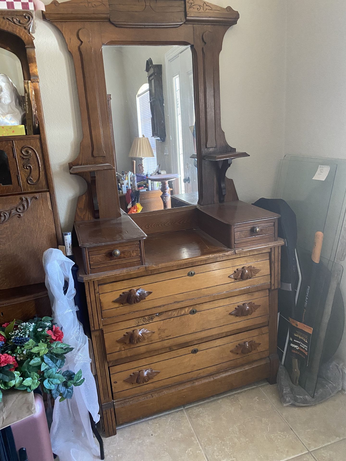 Antique Bureau With Original Mirror And Multiple Drawers.