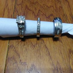 14 Karat White Gold Hand Diamond 3-piece Ring Set Engagement Husband And Wife Married Ring