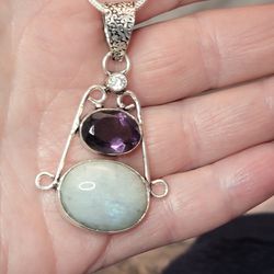 Solid 925 Silver Pendant Necklace With Moonstone, Purple A.ethyst And White Topaz In It. 