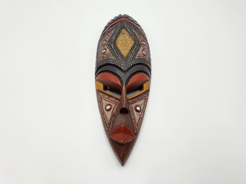 Medium  Handcrafted Wood Metal Accent African Face Mask Wall Hanging Decor (M4)