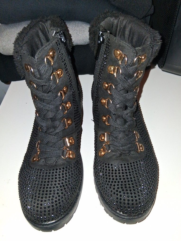 Dazzling Black Rhinestone Combat Boots with Rose Gold Hardware