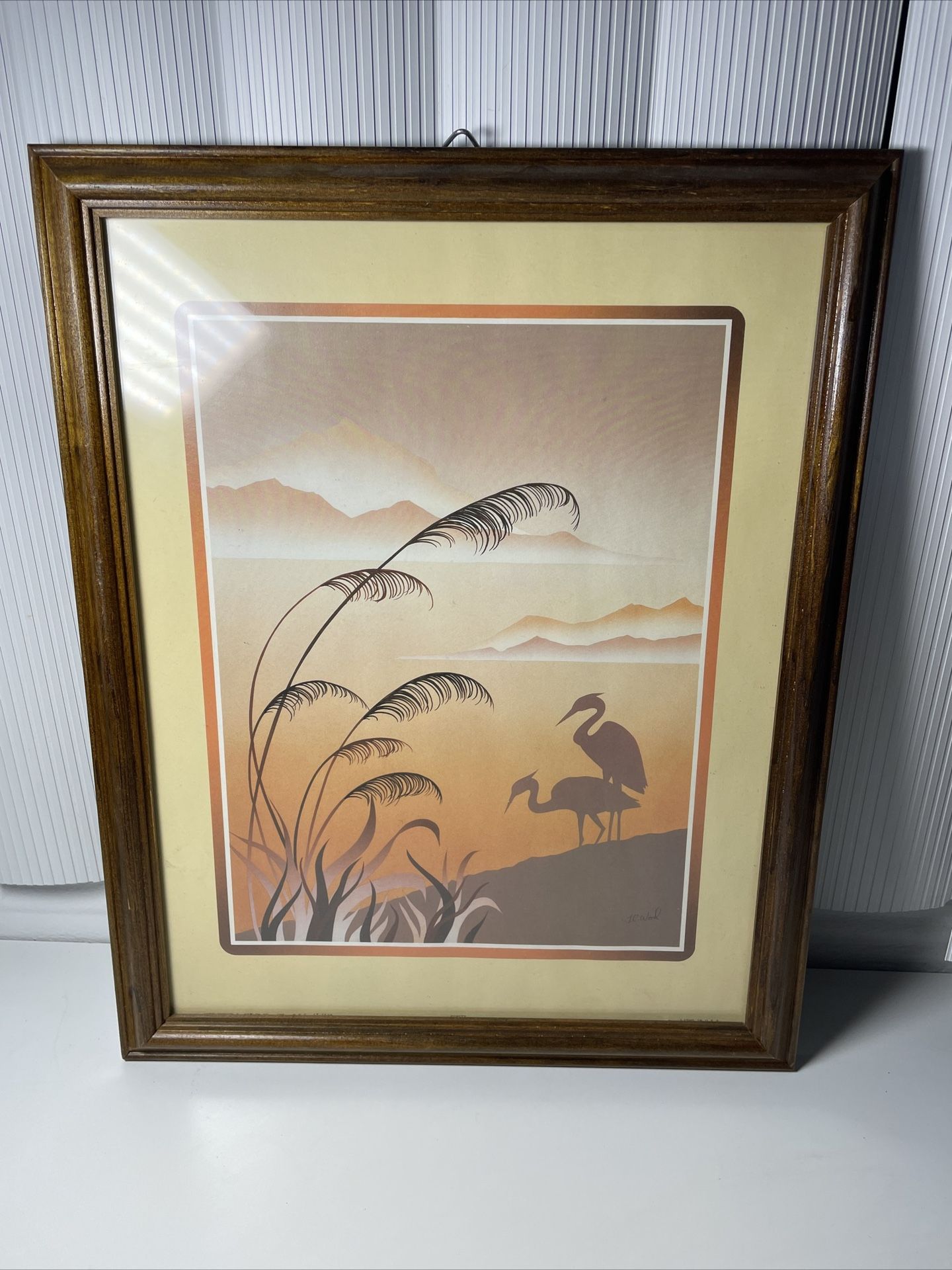 Vtg Boho Framed Art Print JC Wood Crane Water Signed Orange Brown Bird 12x16