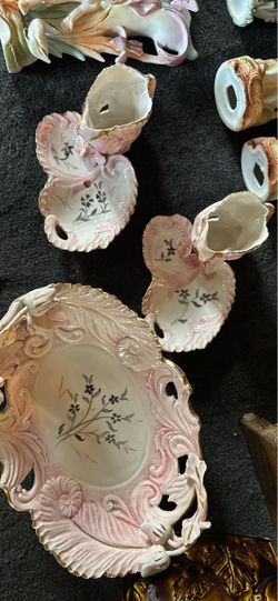 Antique Pink Porcelain Floral Vanity Set