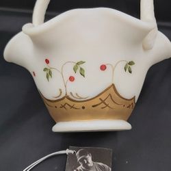 Vintage Fenton Handpainted & Signed Custard Glass Christmas Basket With Fenton Box
