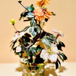Antique Chinese Jade & Quartz Flowering Tree in Cloisonné Pot